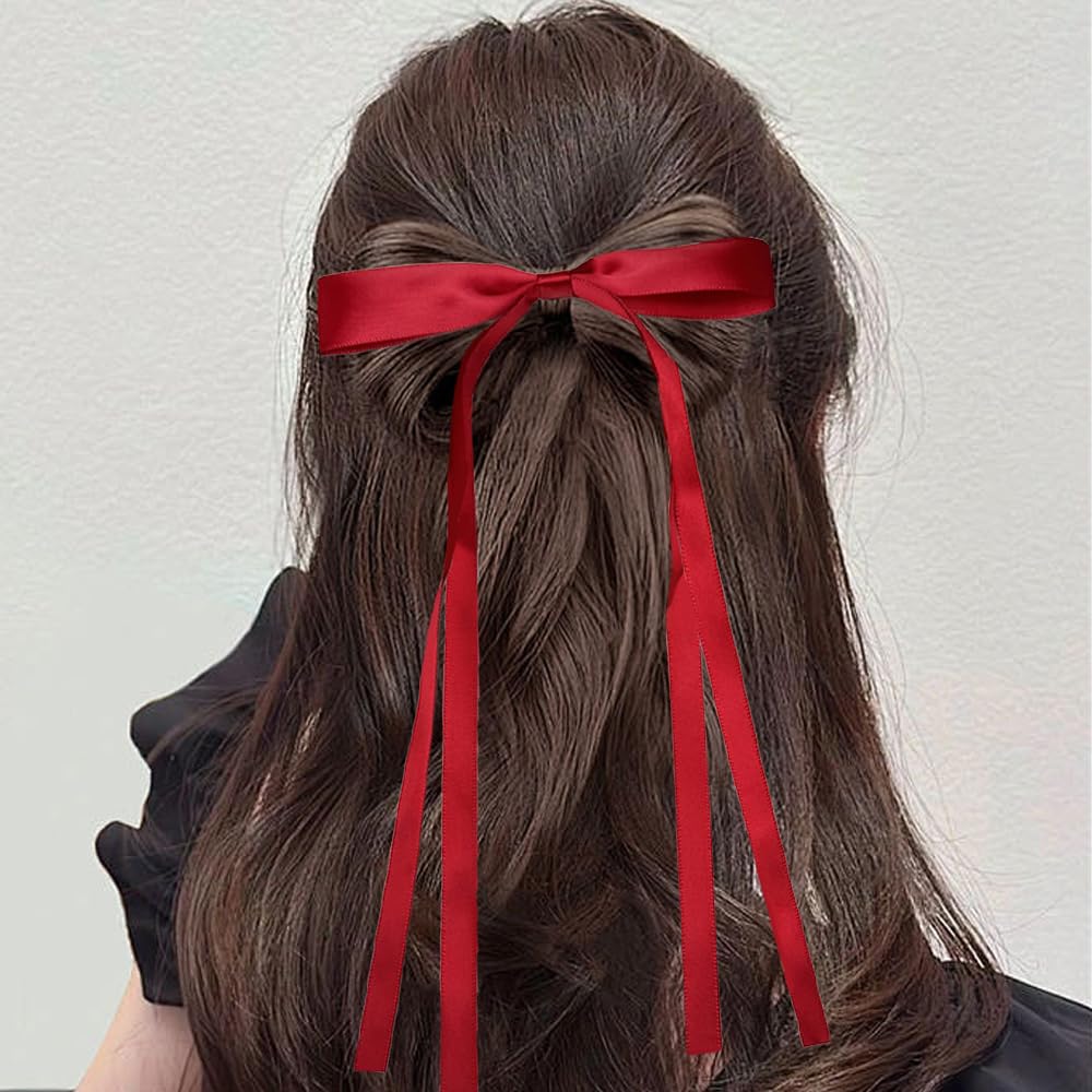 Elegant Red Hair Bows for Women - Coquette Ribbon Hair Clips, Long Hair Accessories for Party, Halloween & Christmas (2Pcs) - Perfect for Festivals, Weddings & Daily Styling