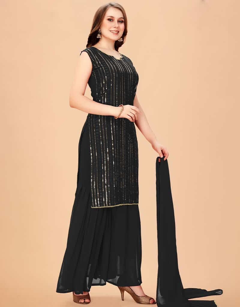Black Sharara Style Suit - Faux Georgette Pakistani Formal Wear for Women - Perfect for Weddings, Parties & Special Occasions