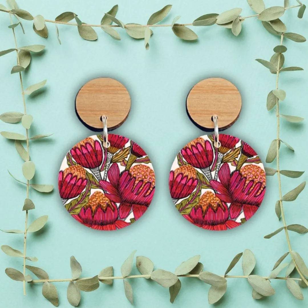 Handmade Australian Waratah Flower Wooden Earrings - Unique Boho Dangle Earrings for Women - Perfect for Festivals, Weddings & Everyday Wear