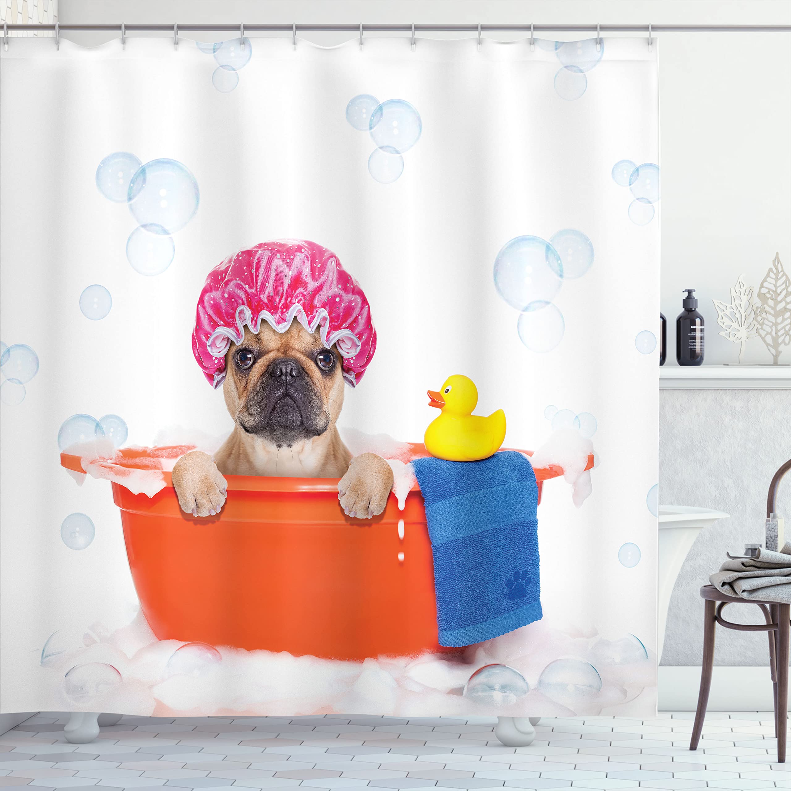 Ambesonne Dog Lover Shower Curtain - French Bulldog Bathing with Rubber Duck on Bubbles Background, 69x70 Inch Waterproof Fabric Bathroom Decor with Hooks, Orange & Pink | Perfect for Pet Lovers' Bathroom, Kids' Shower Room & Unique Gift Idea