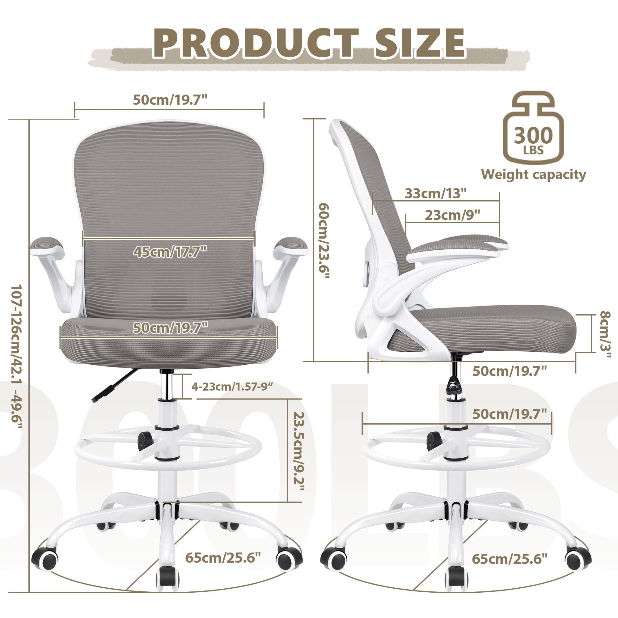 Ergonomic Drafting Chair - Adjustable Height Office Chair with Lumbar Support, Swivel & Rolling Base, Flip-Up Armrests & Foot Ring for Standing Desk - Perfect for Architects, Artists & Home Office (Gray)