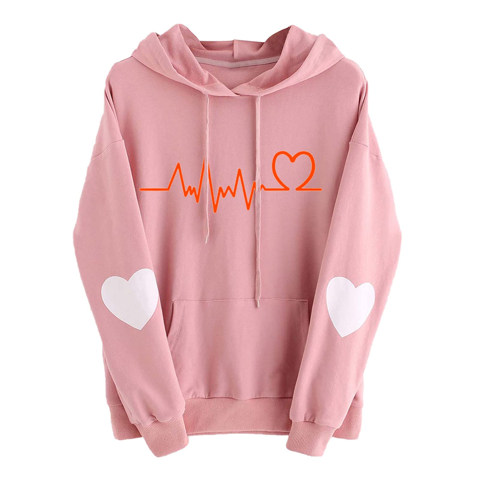 Cute Heartbeat Printed Hoodie - Casual Long Sleeve Crewneck Sweatshirt with Drawstring & Pockets | Loose Fit Pullover for Women | Perfect for Streetwear, Lounge Wear & Casual Outfits