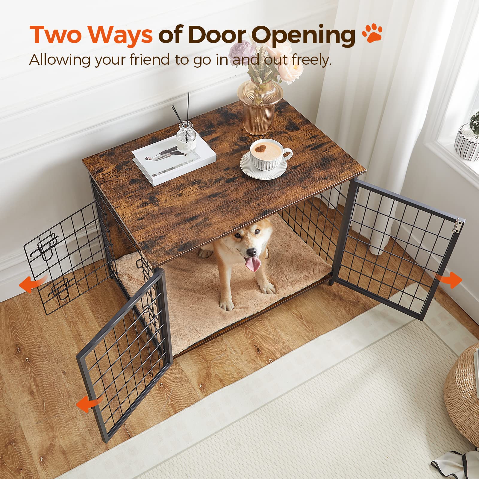 Sturdy Wooden Dog Crate Furniture with Plush Cushion - Double Door Design for Small, Medium & Large Dogs - Heavy Duty Indoor Dog Kennel & End Table (31.5