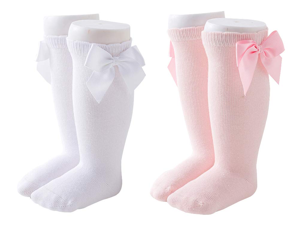 Maorrew 2 Pack Baby Girls Knee High Socks with Bows - Cotton Long Stockings for Infants & Toddlers - Soft Ruffled Uniform Leggings for School, Playtime & Special Occasions
