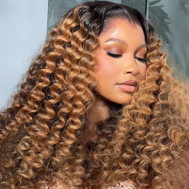 Eullair T1B Honey Brown Deep Curly Human Hair Lace Front Wig - Pre-Colored Glueless Lace Wig for Women (EW012) | Natural Look for Daily Wear, Parties & Special Occasions
