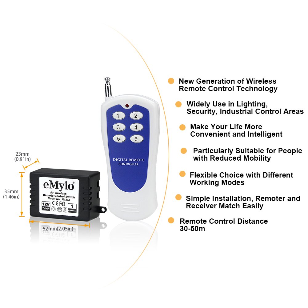 eMylo DC 12V 6X 1 Channel Wireless Relay RF Remote Control Switch 433MHz Transmitter & Receiver Kit - Perfect for Home Automation, Garage Door, Lighting and Industrial Equipment Control