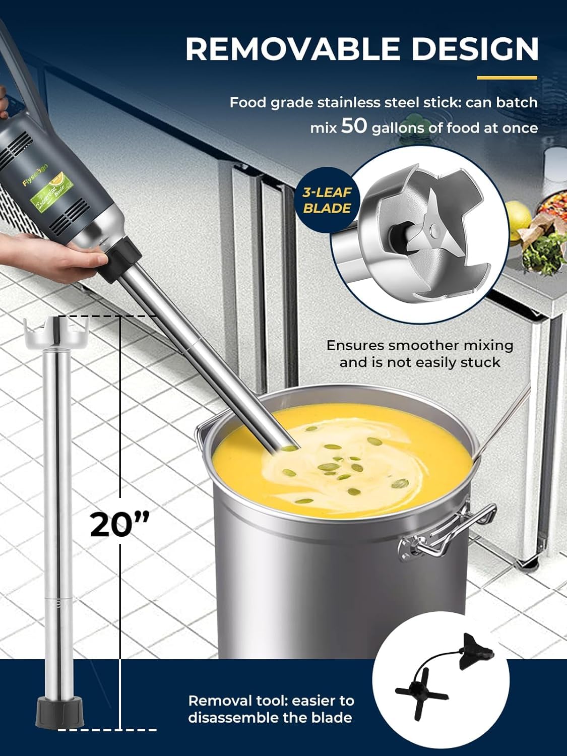 Commercial Heavy Duty Immersion Blender - 500W Variable Speed Handheld Mixer (4000-16000 RPM) with 20-Inch Removable Shaft & 50-Gallon Capacity - Professional Multifunction Stick Emulsifier for Large Batch Cooking, Catering, and Commercial Kitchens