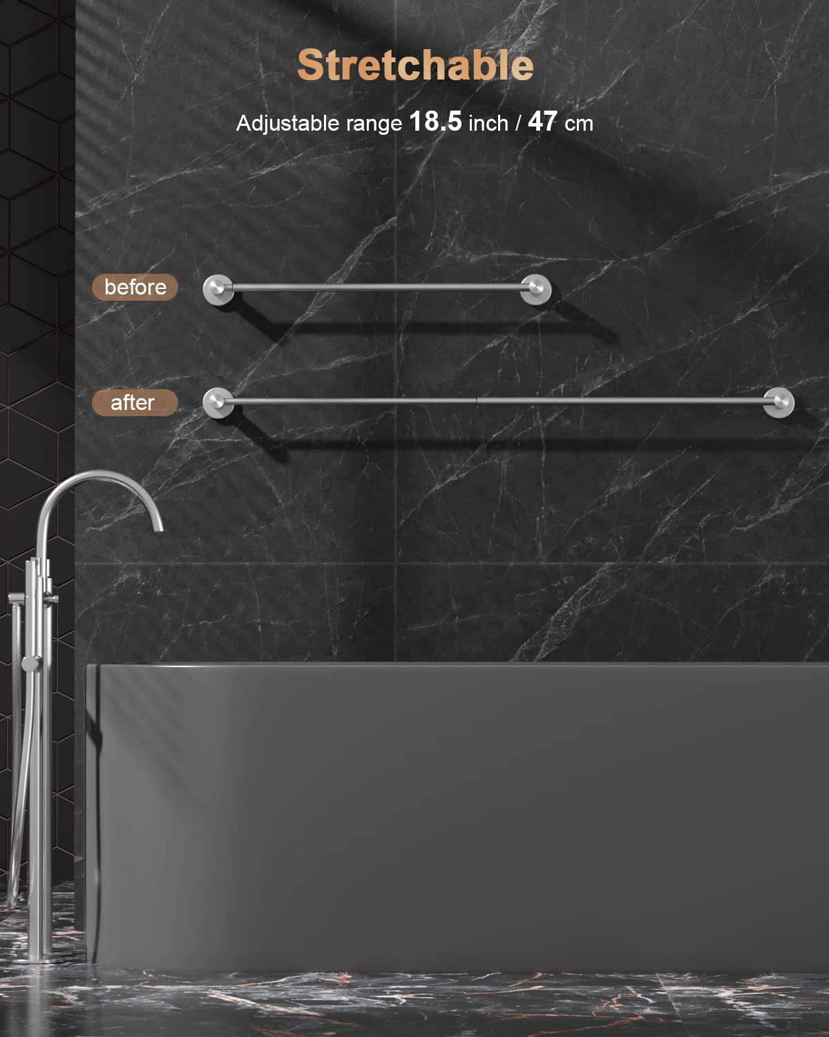 Adjustable Single Bath Towel Bar 23.6 to 42 Inch - ZUEXT Brushed Nickel Stainless Steel Towel Holder - Expandable Wall Mounted Towel Rail for Bathroom, Kitchen, Washroom - 1