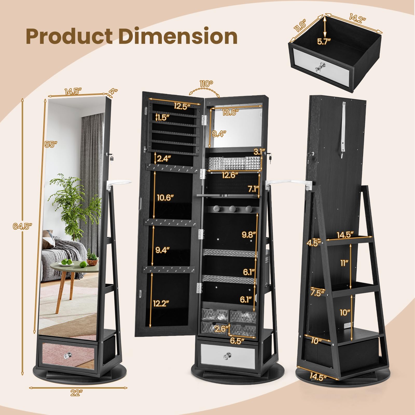 CHARMAID 360° Swivel Jewelry Cabinet Armoire with Full Length Mirror - 64.5