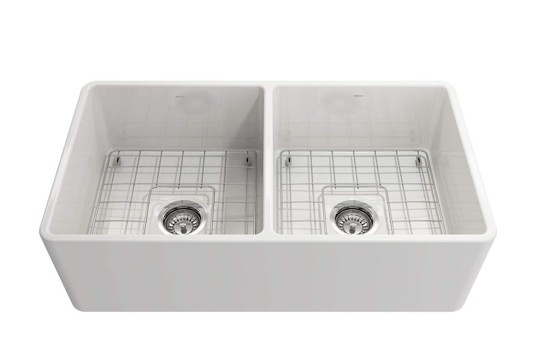 BOCCHI Classico White Apron Front Fireclay 33-inch Double Bowl Kitchen Sink with Protective Bottom Grid, Drain Strainers & Chrome Faucet - Perfect for Farmhouse Style Kitchens, Heavy-Duty Cooking & Dishwashing