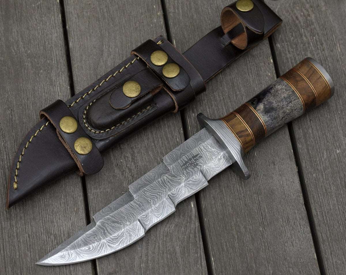 Premium Damascus Steel Hunting Bowie Knife with Exotic Rosewood & Bone Handle - Outdoor Survival, Camping, Hunting, and Bushcraft Essential