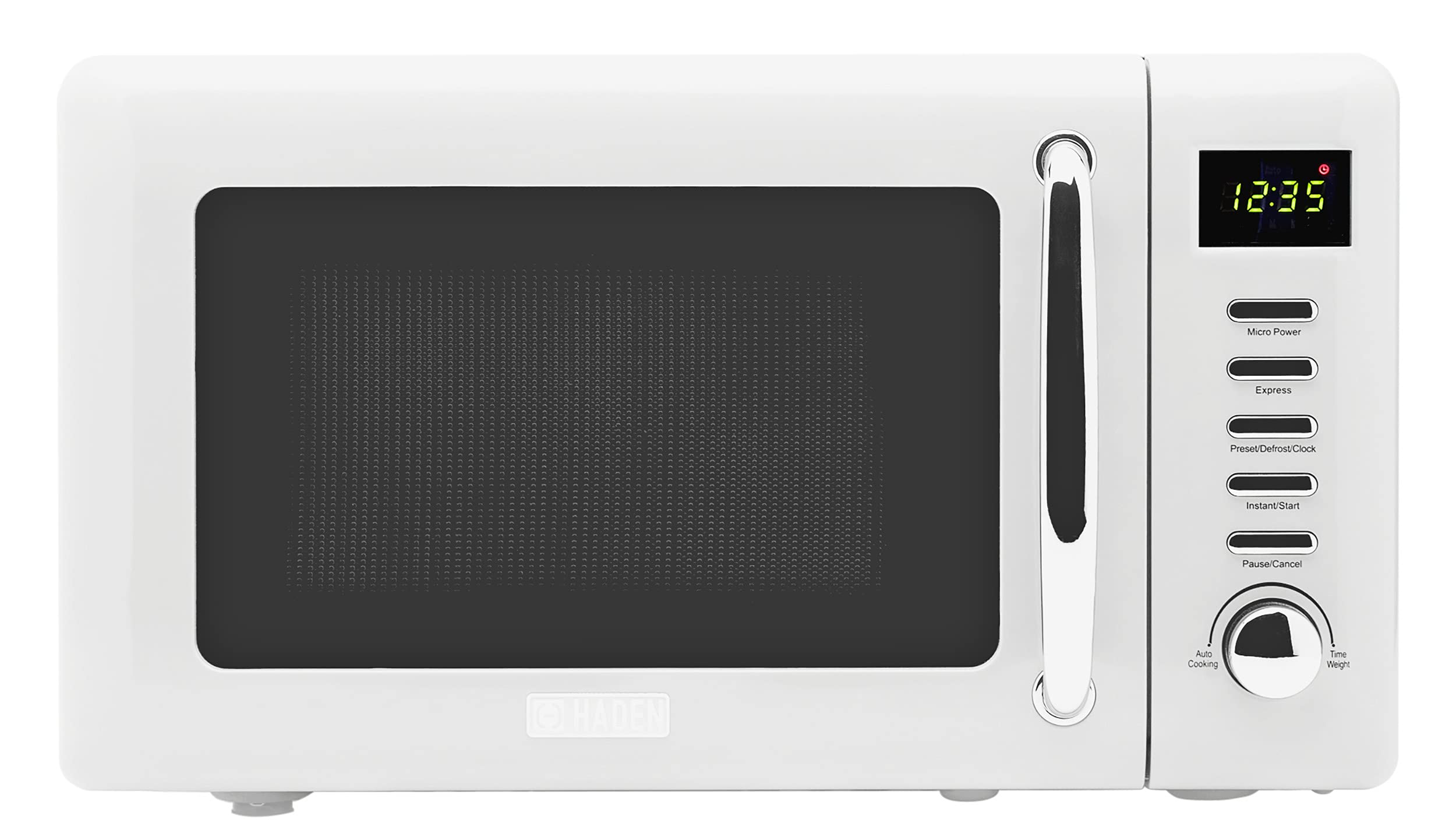 Haden 0.7 Cu Ft Compact Countertop Microwave Oven - 700W Small Microwave with 5 Power Levels & Express Cook - Ivory & Chrome Finish - Perfect for Dorms, Offices & Small Kitchens