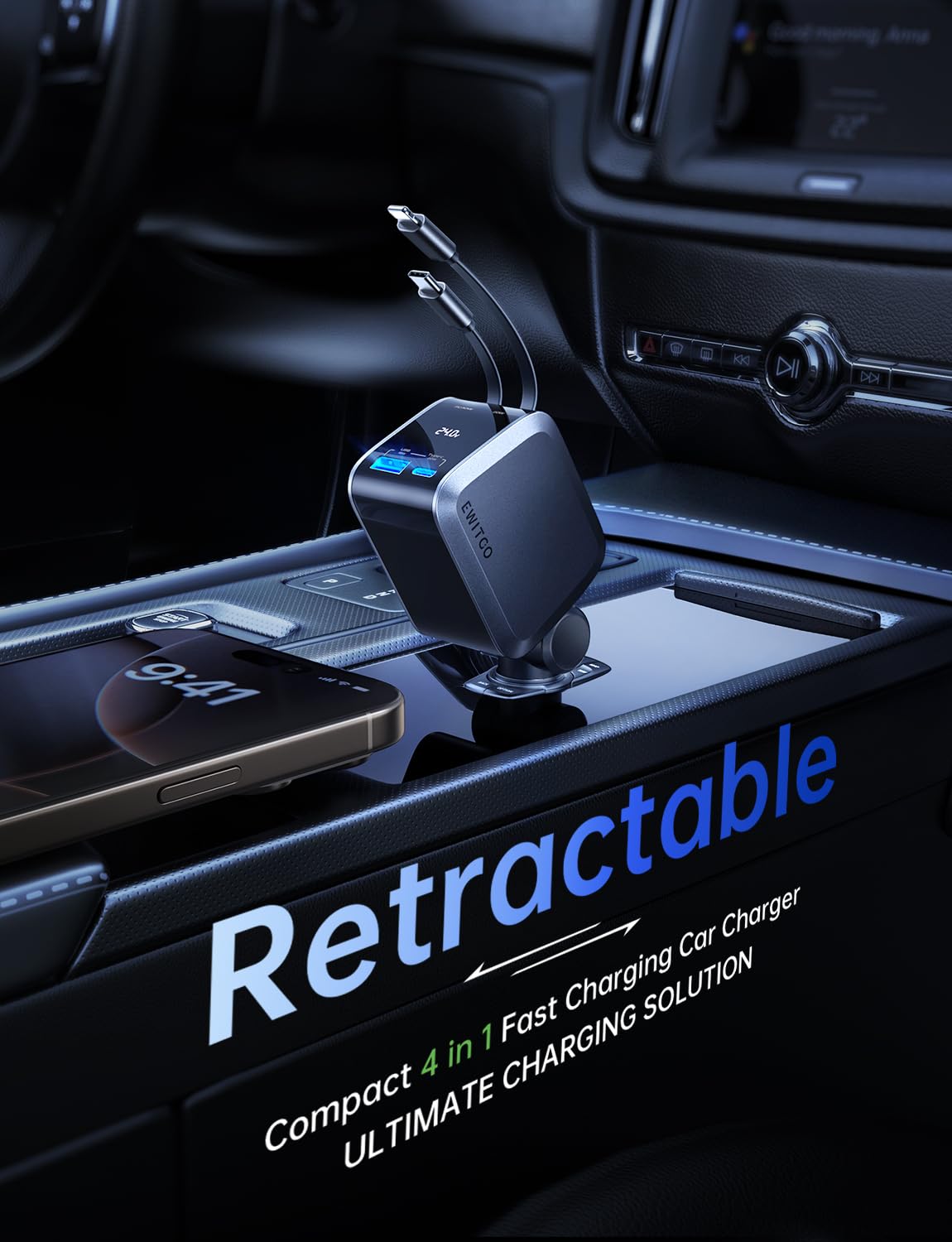72W Fast USB C Car Charger with Retractable Cable - Travel Essentials for iPhone 16/15/14 - Perfect for Road Trips & Commuting