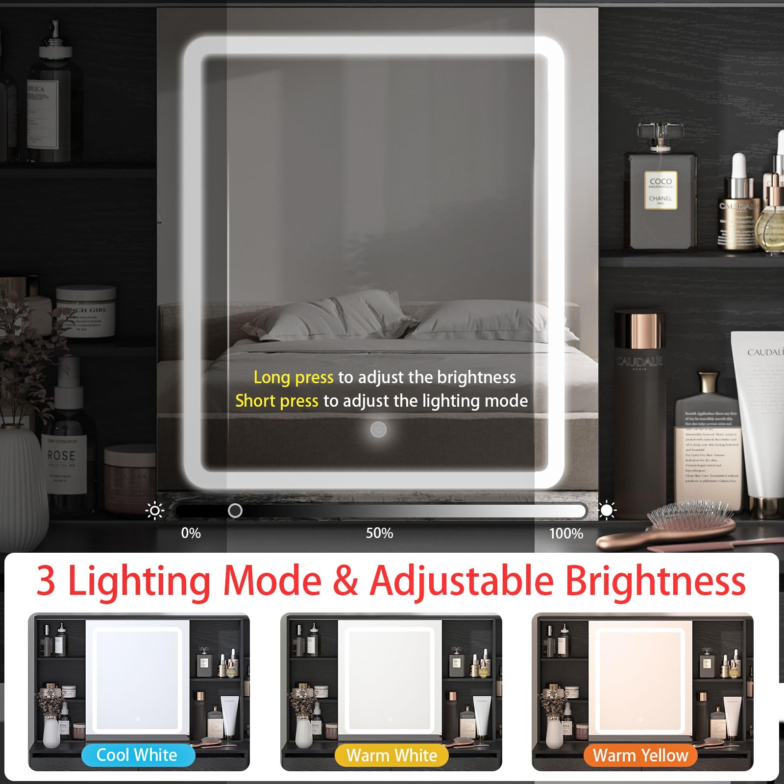 Fameill Makeup Vanity Desk with Sliding Mirror & 3-Color LED Lights, Vanity Table Set with Chair, 5 Drawers & Hooks, USB Charging Station - Perfect for Bedroom, Dressing Room & Beauty Salon (Black)