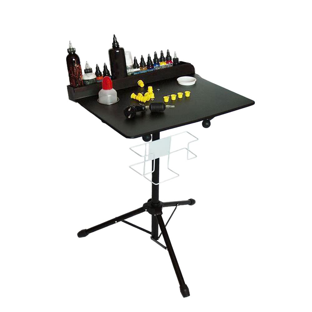 Portable Adjustable Height Tattoo Workstation Stand with Water Cup & Paper Towel Holder - Mobile Tattoo Artist Desk, Hair Salon Tray Table for Professional Tattooing & Beauty Services - Perfect for Tattoo Studios, Barber Shops & Home Use