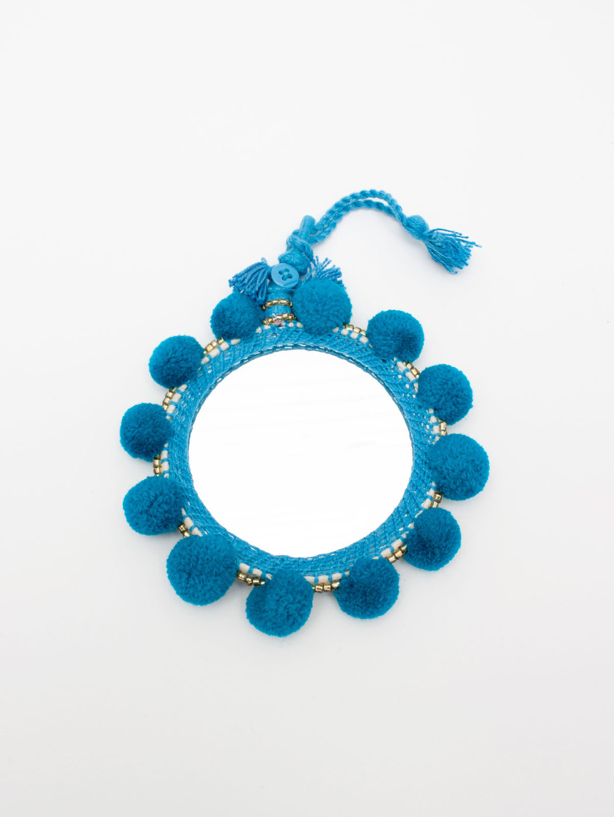 Stylish Teal Pom Pom Wall Mirror - Boho Home Decor for Bedroom, Living Room & Bathroom
