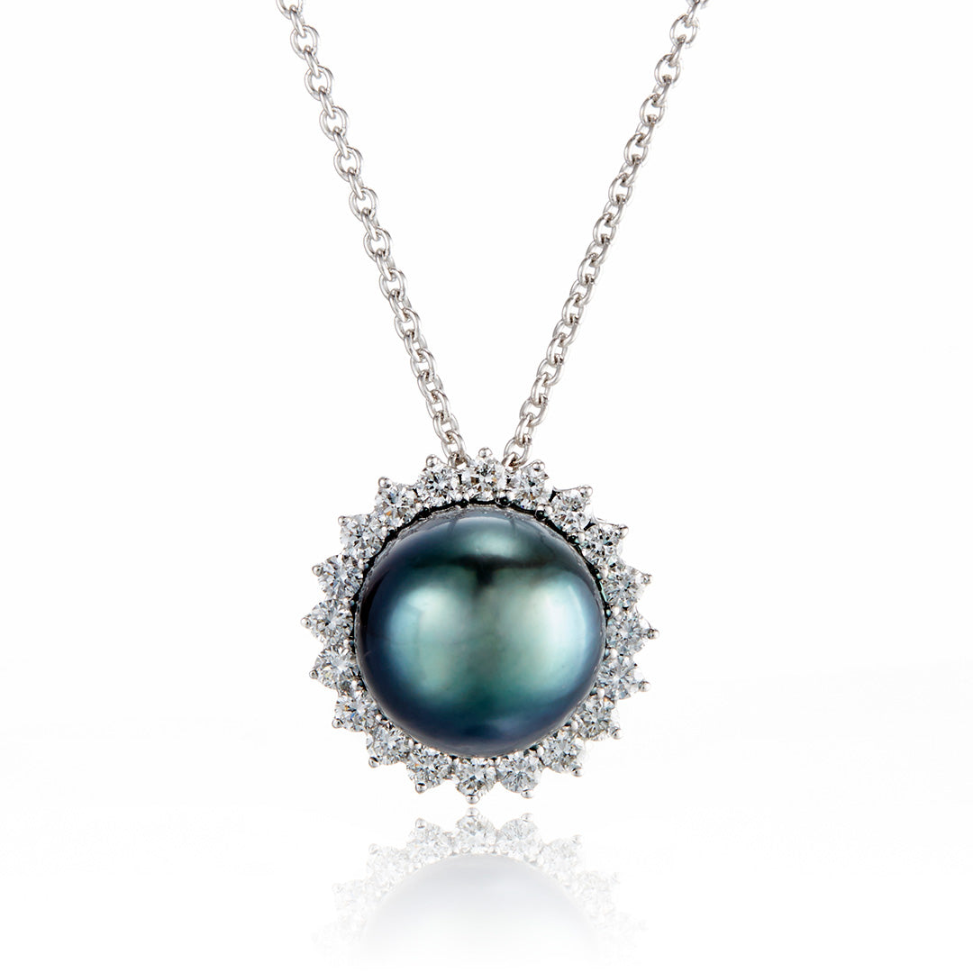 Exquisite Tahitian Pearl & Diamond Halo Necklace - Elegant Jewelry for Weddings, Anniversaries & Special Occasions