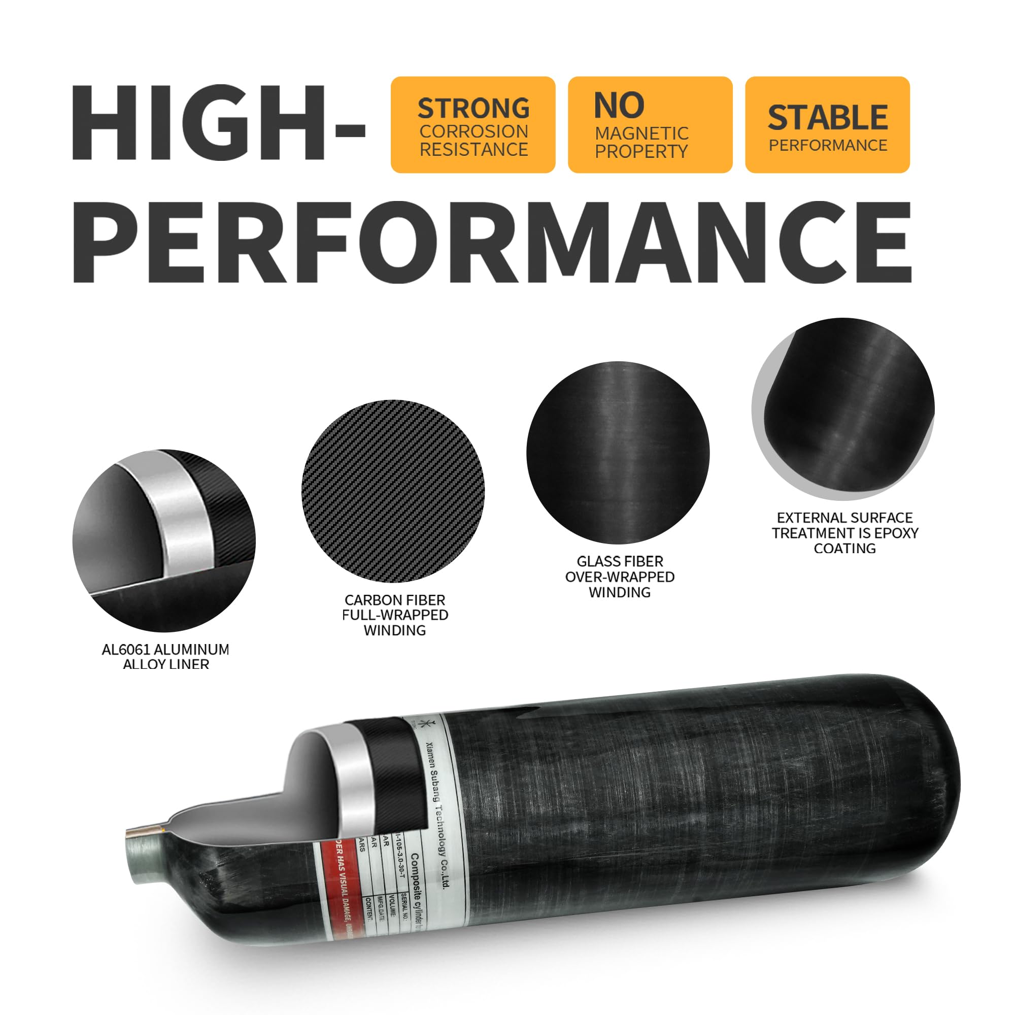 TUXING 4500Psi High Pressure Composite Scuba Tank - 3L Carbon Fiber Air Cylinder for Paintball & Diving | CE Certified | Portable & Lightweight for Outdoor Adventures