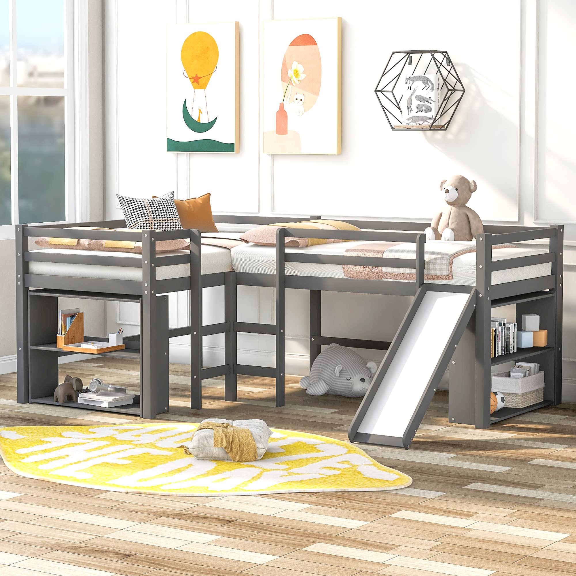 Merax Solid Wood Twin Size L-Shaped Loft Bed with Movable Two-Tier Shelves, Ladder & Slide - Space-Saving Kids Bedroom Furniture for Small Rooms, Play Areas & Dorm Rooms (Gray)