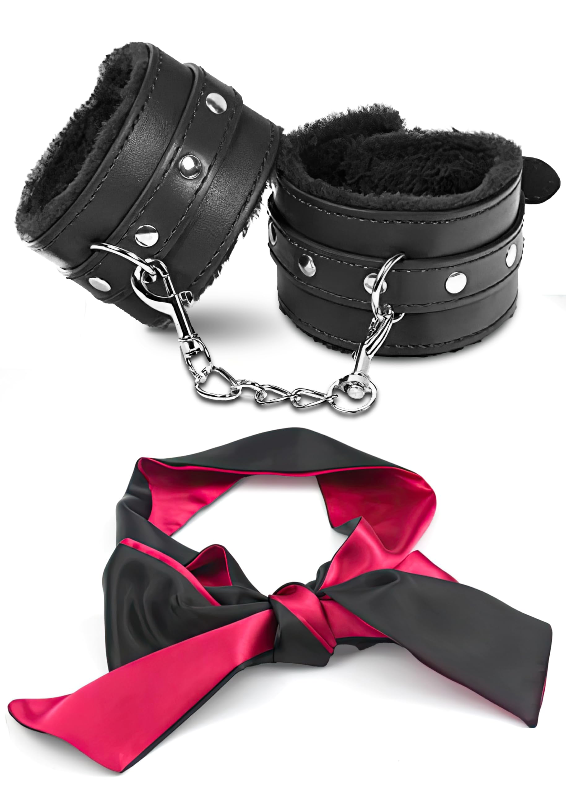 Fluffy BDSM Handcuffs & Satin Blindfold Mask Set - Soft Restraints & Eye Cover for Couples - Adult Bondage Starter Kit for Sensual Play, Roleplay & Spicing Up Intimacy