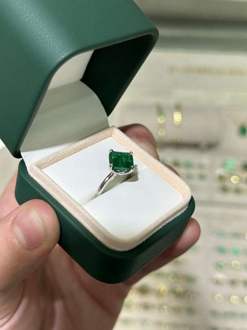3.65tcw Asscher Cut Emerald & Diamond Accent Prong Set Ring in 14K White Gold | Elegant Wedding, Engagement & Anniversary Jewelry Gift for Women