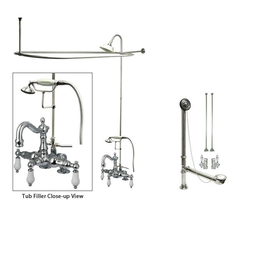Chrome Clawfoot Tub Faucet Shower Kit with Enclosure Curtain Rod 1016T1CTS - Vintage Style Bathroom Fixture for Classic & Modern Homes