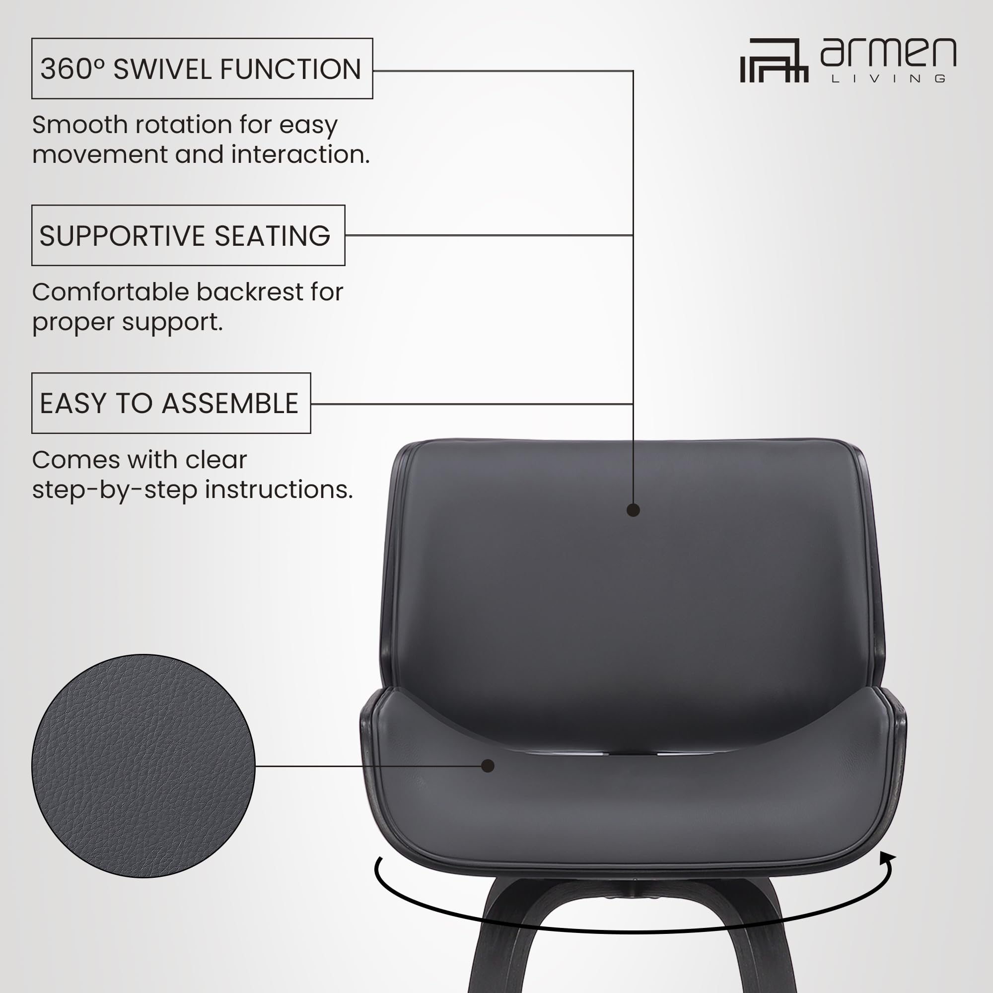 Armen Living Tyler Mid Century Modern Swivel Bar Stool - 26
