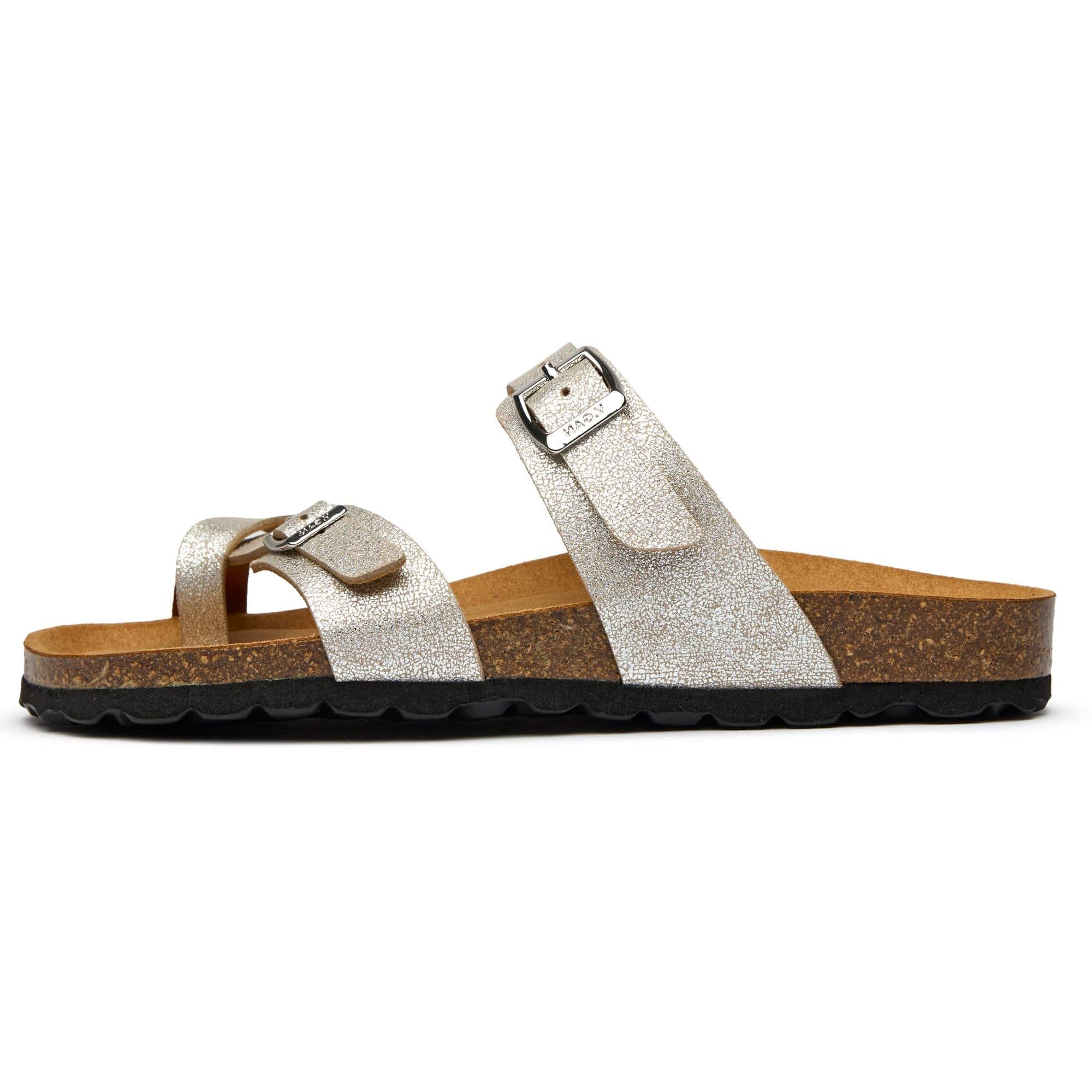 Women's Comfort Vegan Leather Sandals with Soft Footbed - Metallic Finish | Perfect for Summer, Beach, and Casual Outings