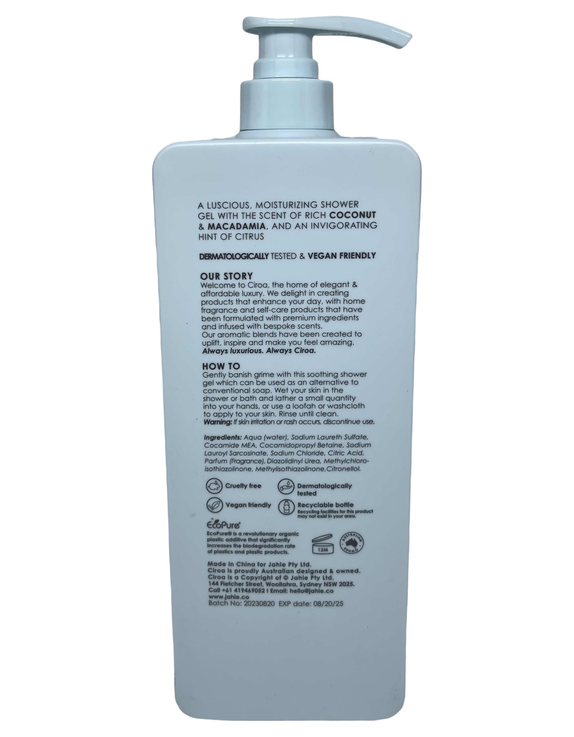 Ciroa Coconut & Macadamia Oil Shower Gel - Nourishing & Hydrating Body Wash (33.8 fl oz / 1000ml) for Dry Skin Care - Perfect for Daily Shower & Spa Relaxation