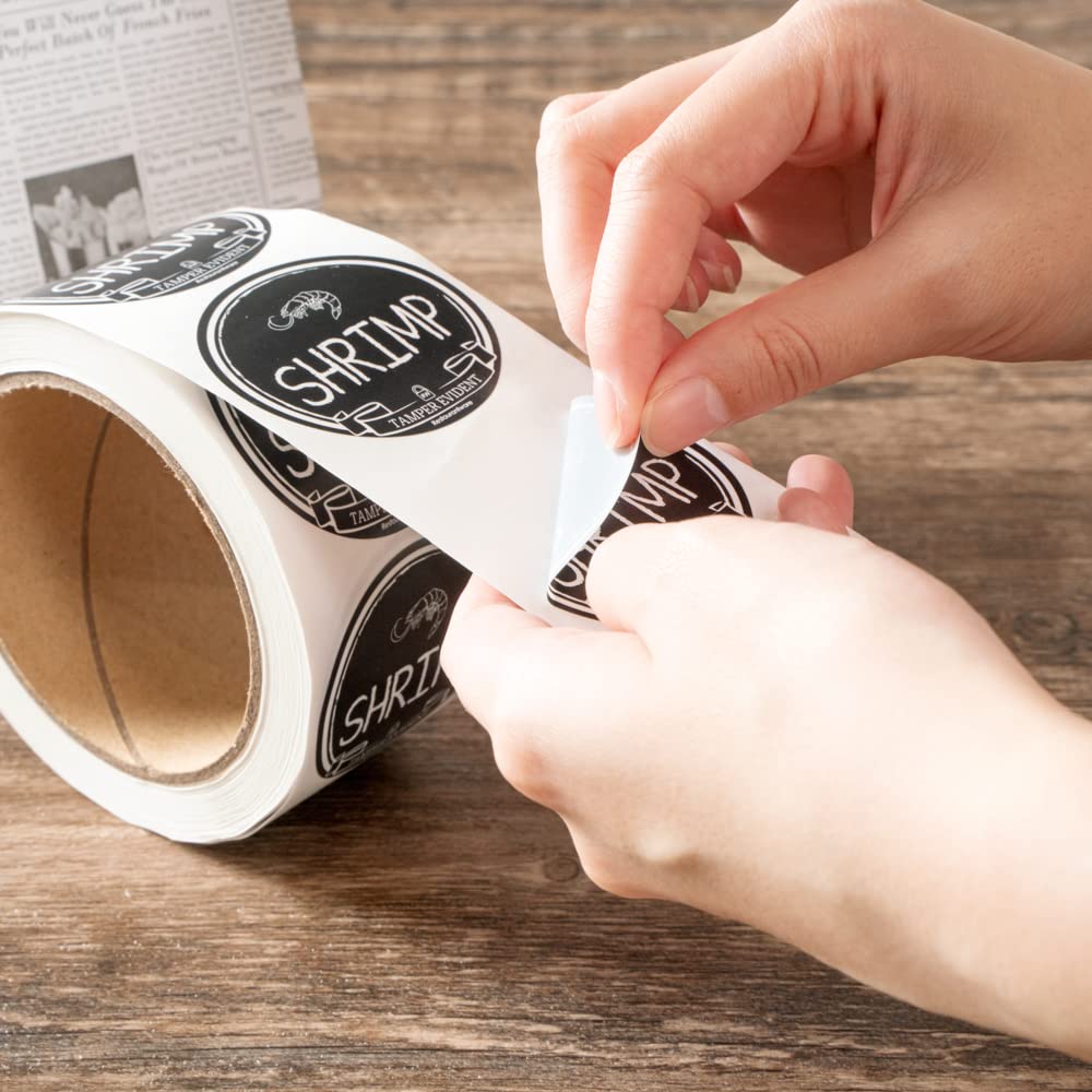 Restaurantware Label Tek 2 Inch Tamper-Evident Stickers for Shrimp - 500 Rolled Tamper Seal Stickers with Chalkboard Design | Safe Food Delivery Stickers (Black with White Font) | Ideal for Seafood Packaging, Takeout Containers & Food Safety Compliance