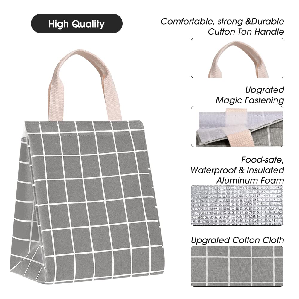 **HOMESPON Reusable Insulated Lunch Bag with Aluminum Foil - Eco-Friendly Canvas Lunch Box for Women & Men - Office, School, Picnic, Travel - Grey Plaid Design**