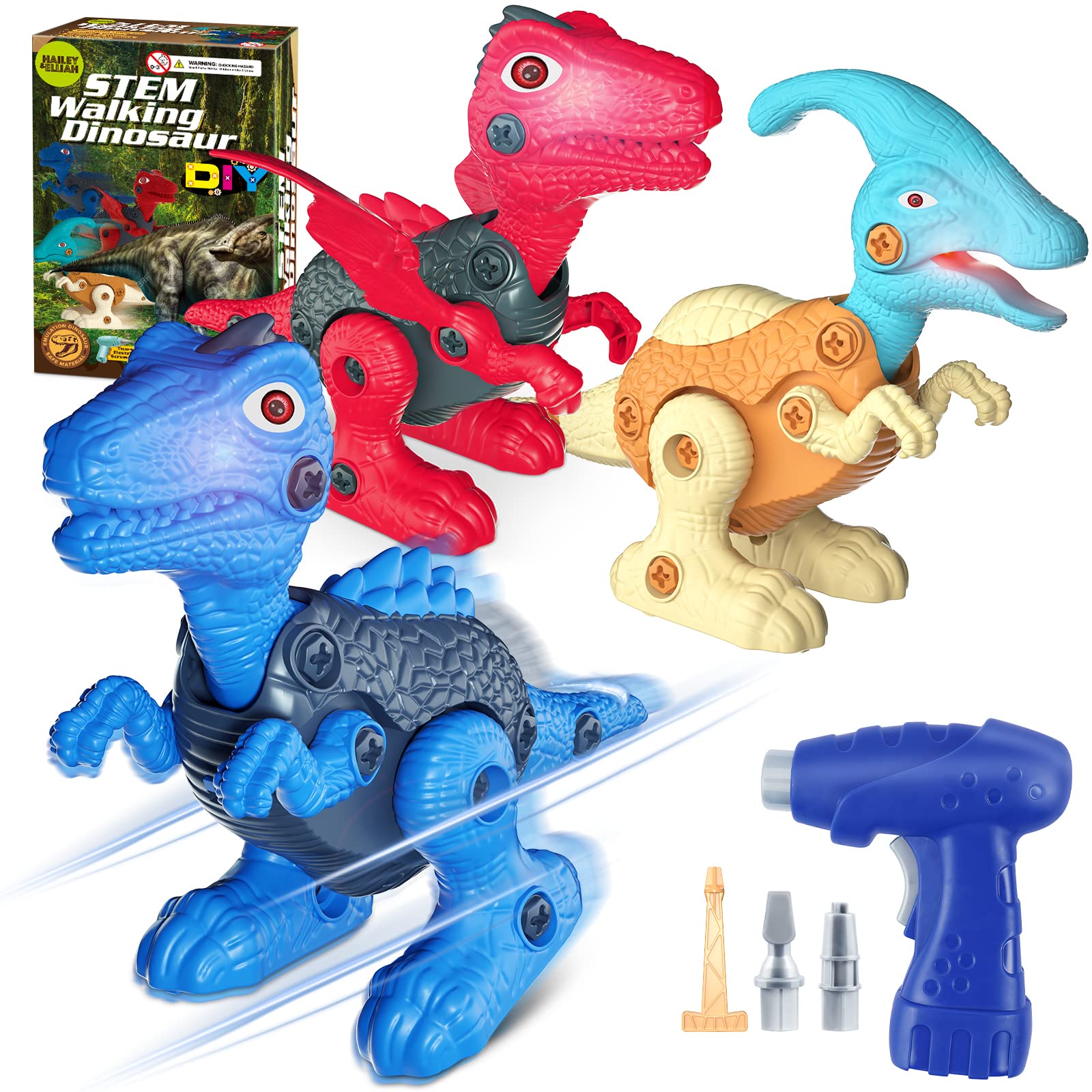 STEM Electric Drill Dinosaur Building Toys for Kids Ages 6-9 - Take Apart Construction Set with LED Lights & Walking Action - Educational Birthday Party Gifts for Boys (Perfect for STEM Learning, Creative Play & Dinosaur-Themed Parties)