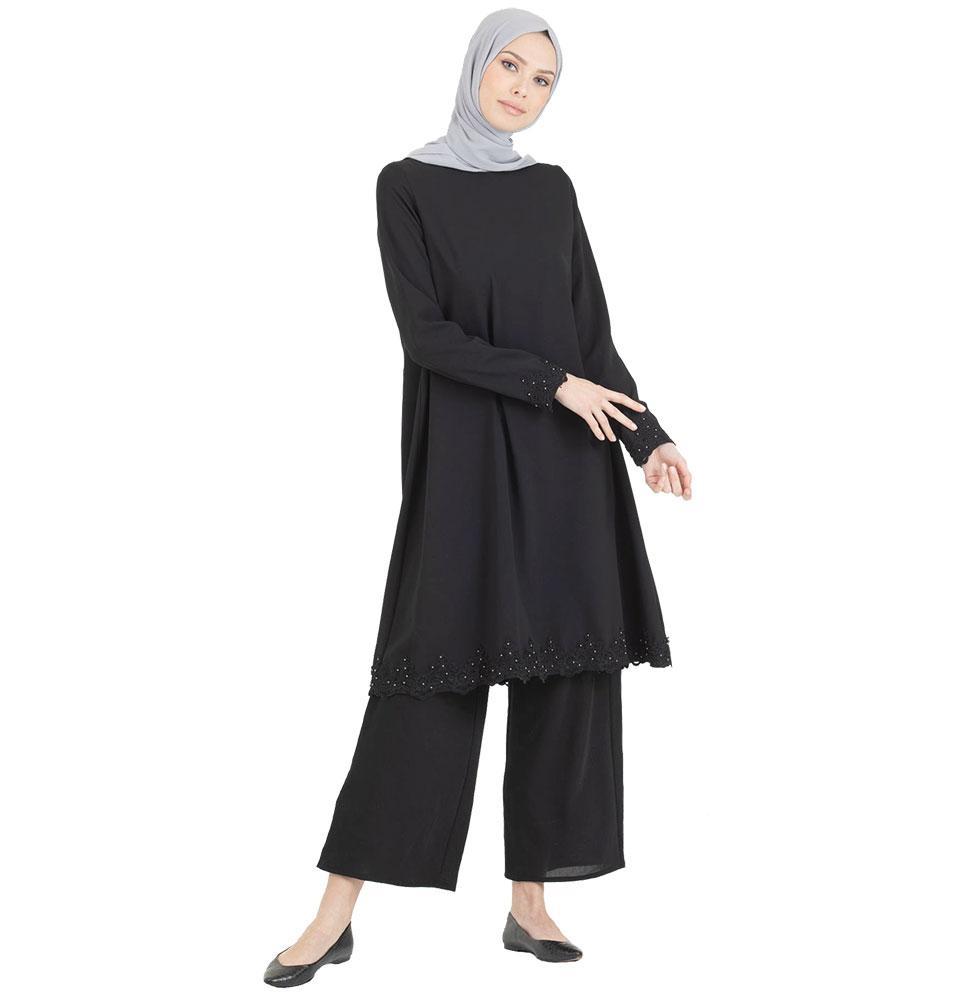 Abaci Solid Laced Tunic & Pant Set 13206 Black | Women's Casual Outfit | Perfect for Work, Office & Everyday Wear