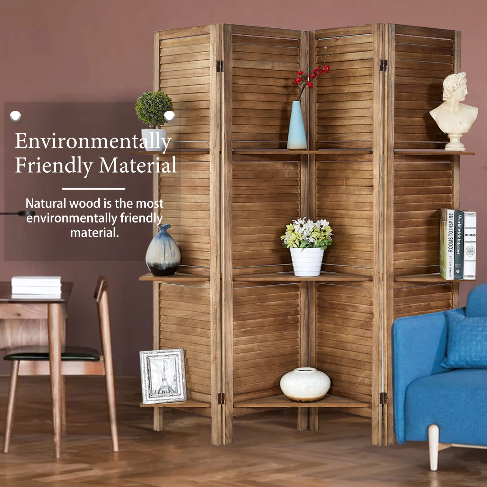 ROSE HOME FASHION 4-Panel 5.6 Ft Wooden Room Divider with 3 Shelves - Foldable Privacy Screen for Home, Office & Studio - Brown Wood Folding Partition for Space Separation & Decoration