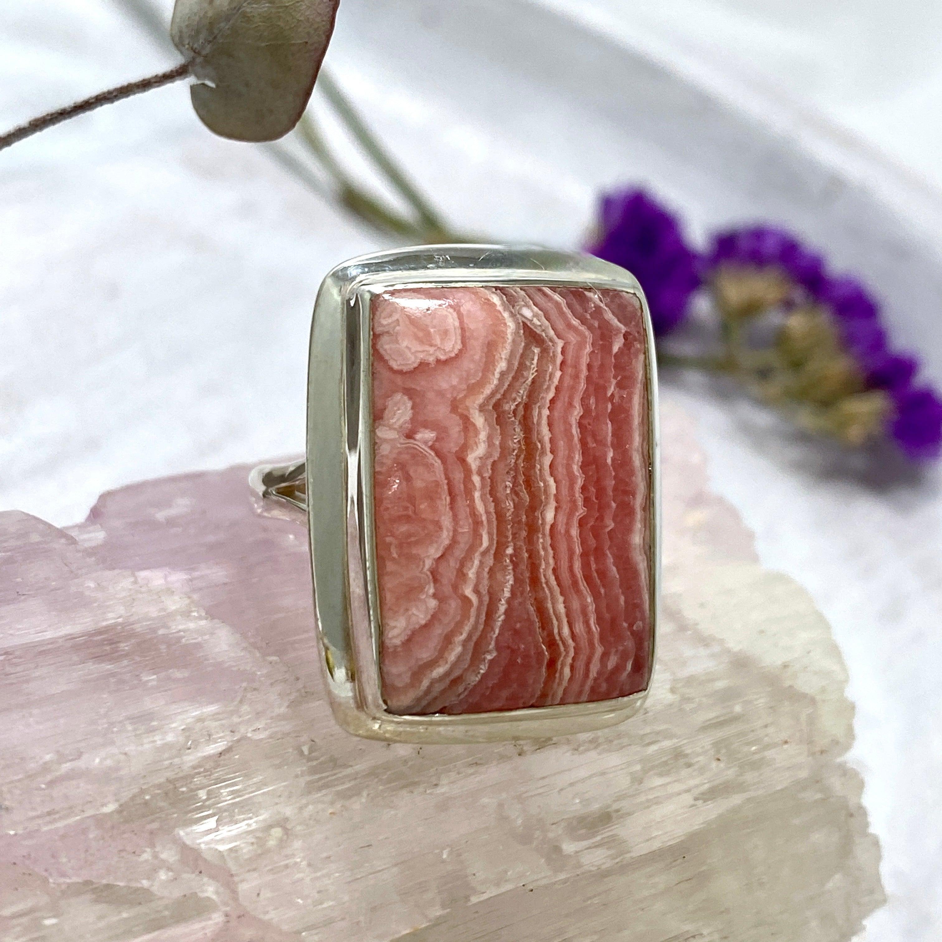 Rhodocrosite Rectangular Ring Size 10 - Genuine Gemstone Jewelry for Women, Elegant and Unique Gift for Her - Perfect for Weddings, Anniversaries, and Special Occasions