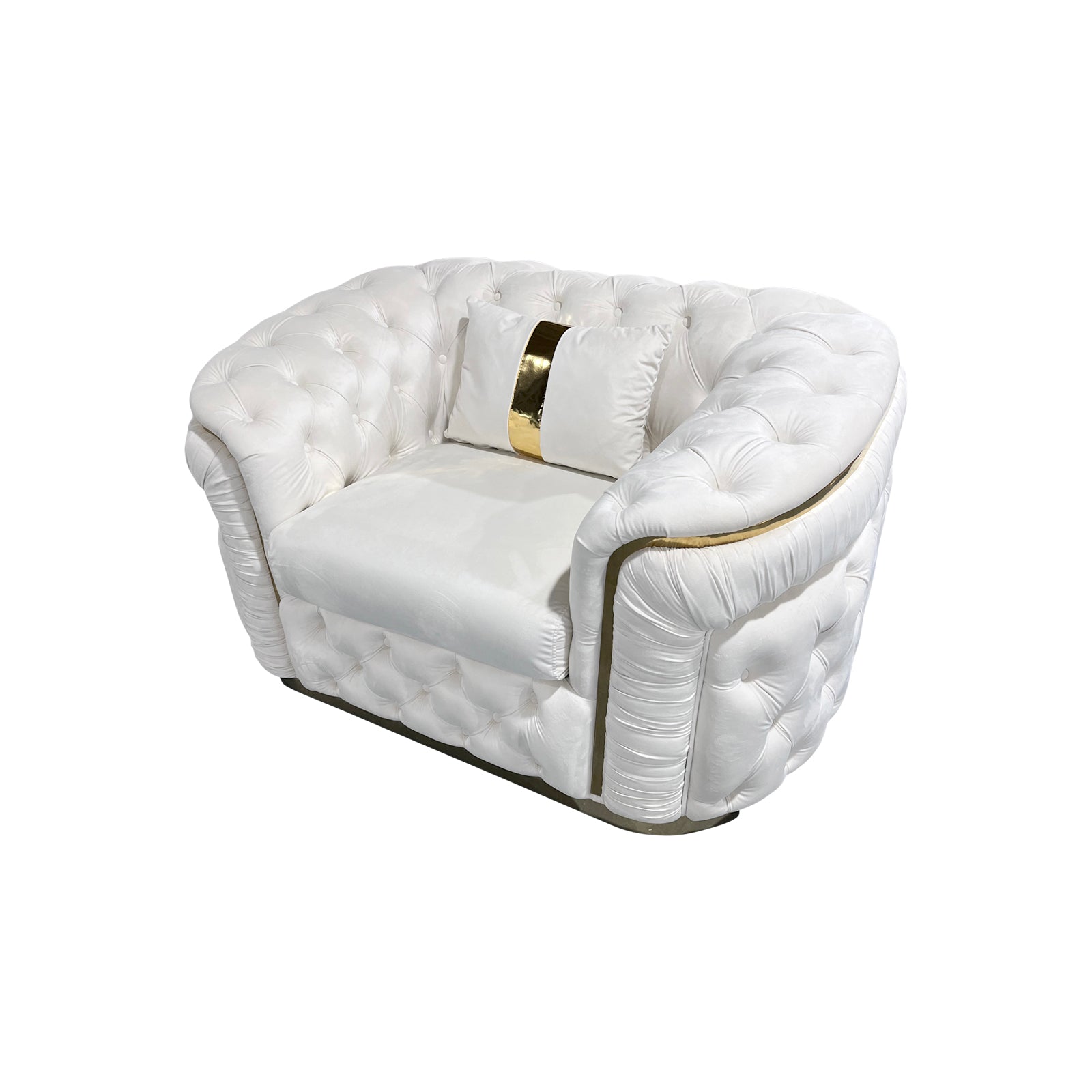 1 Seater Sofa - Beige Velvet Fabric with Solid Wood Frame & Gold Stainless Steel Trim - Perfect for Living Room, Bedroom or Office