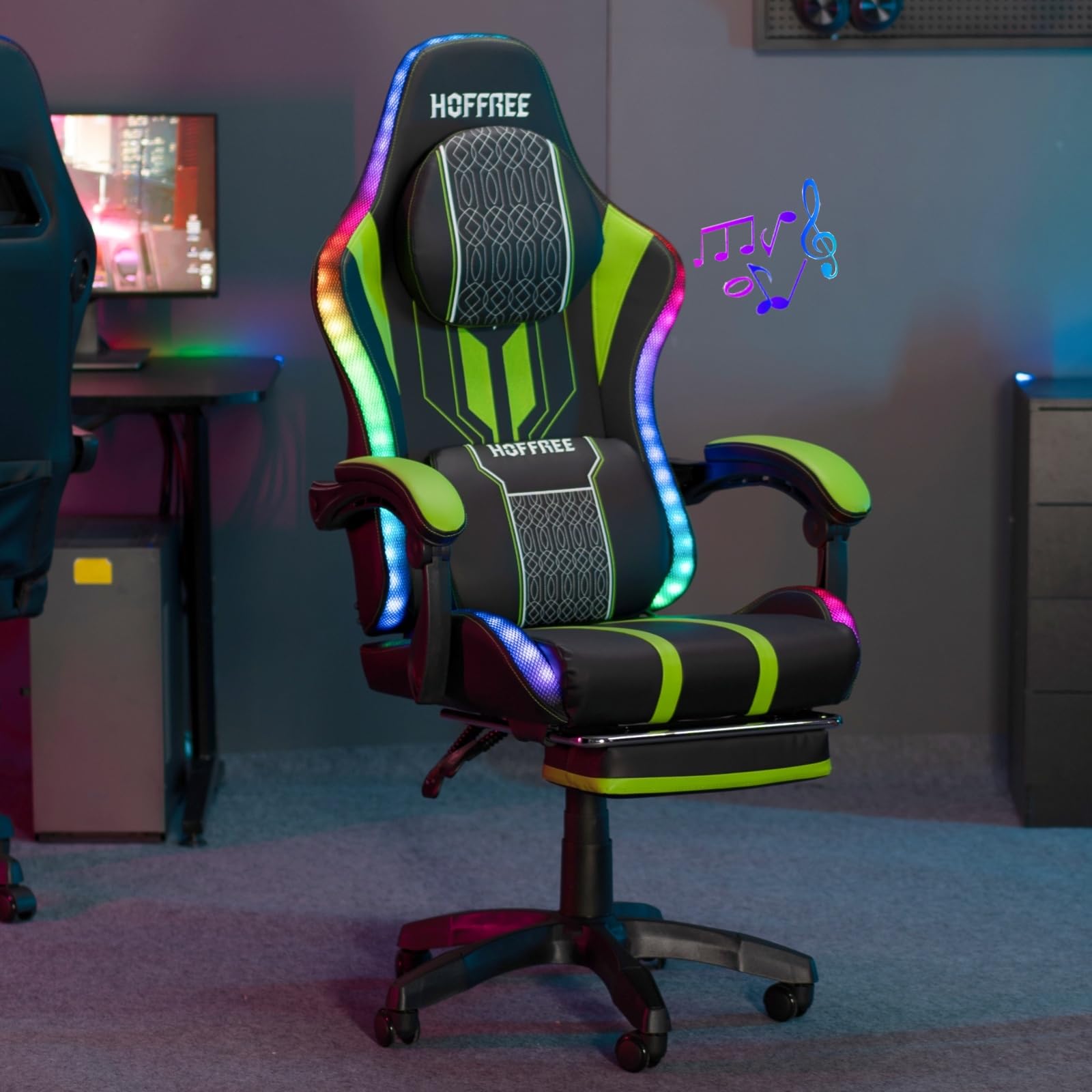 HOFFREE LED Gaming Chair with Massage & Bluetooth Speakers - Ergonomic Big and Tall PC Gaming Chair with Footrest for Adults (400lbs Capacity) - Green & Black Computer Desk Chair for Gaming, Office & Home Entertainment