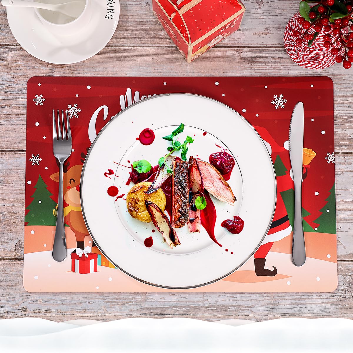 BESTonZON Christmas Placemats Set of 6 - 17x11 Inch Holiday Table Mats in Festive Red - Merry Xmas Dining Decor for Kitchen, Party & Holiday Gatherings