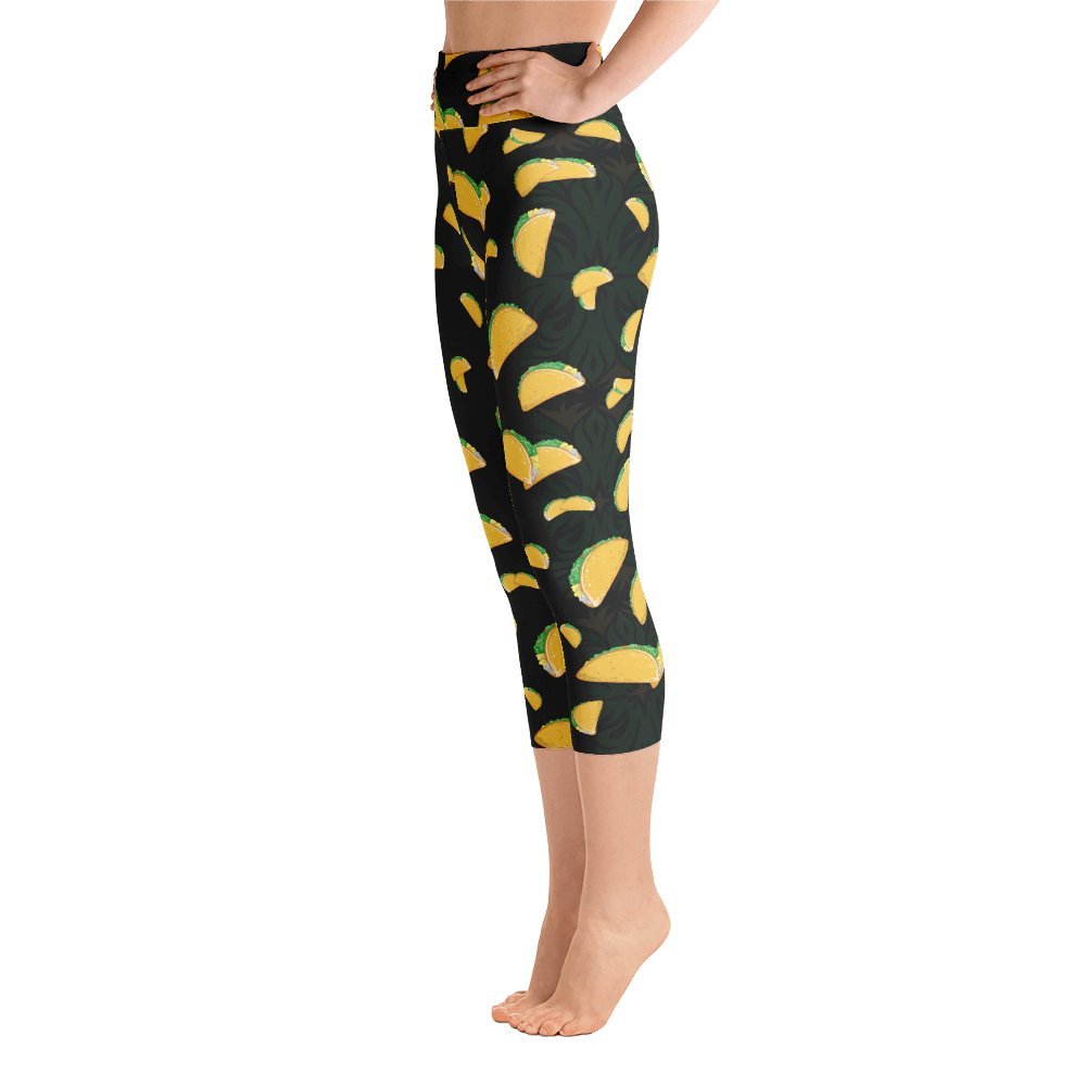 Women's Cinco De Mayo Taco Print High-Waisted Yoga Capri Leggings - Made in USA - Perfect for Yoga, Gym Workouts & Festive Mexican Holiday Celebrations