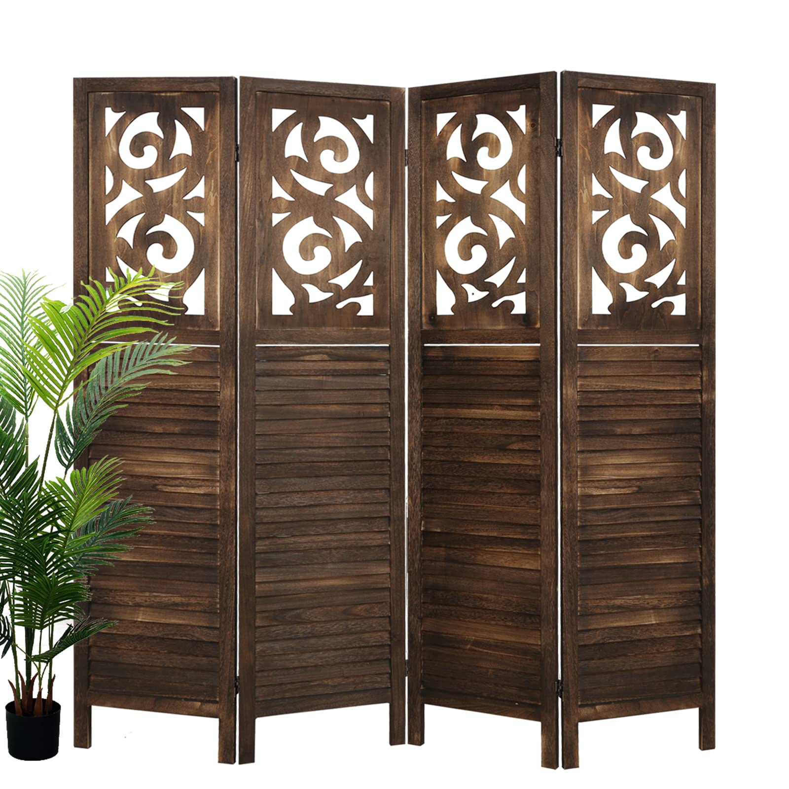 Vintage Carved Wood 4-Panel Room Divider - 5.6 Ft Tall Folding Privacy Screen for Home, Bedroom, Office - Dark Brown Decorative Partition Panel | Perfect for Creating Private Spaces, Home Decor, and Room Separation