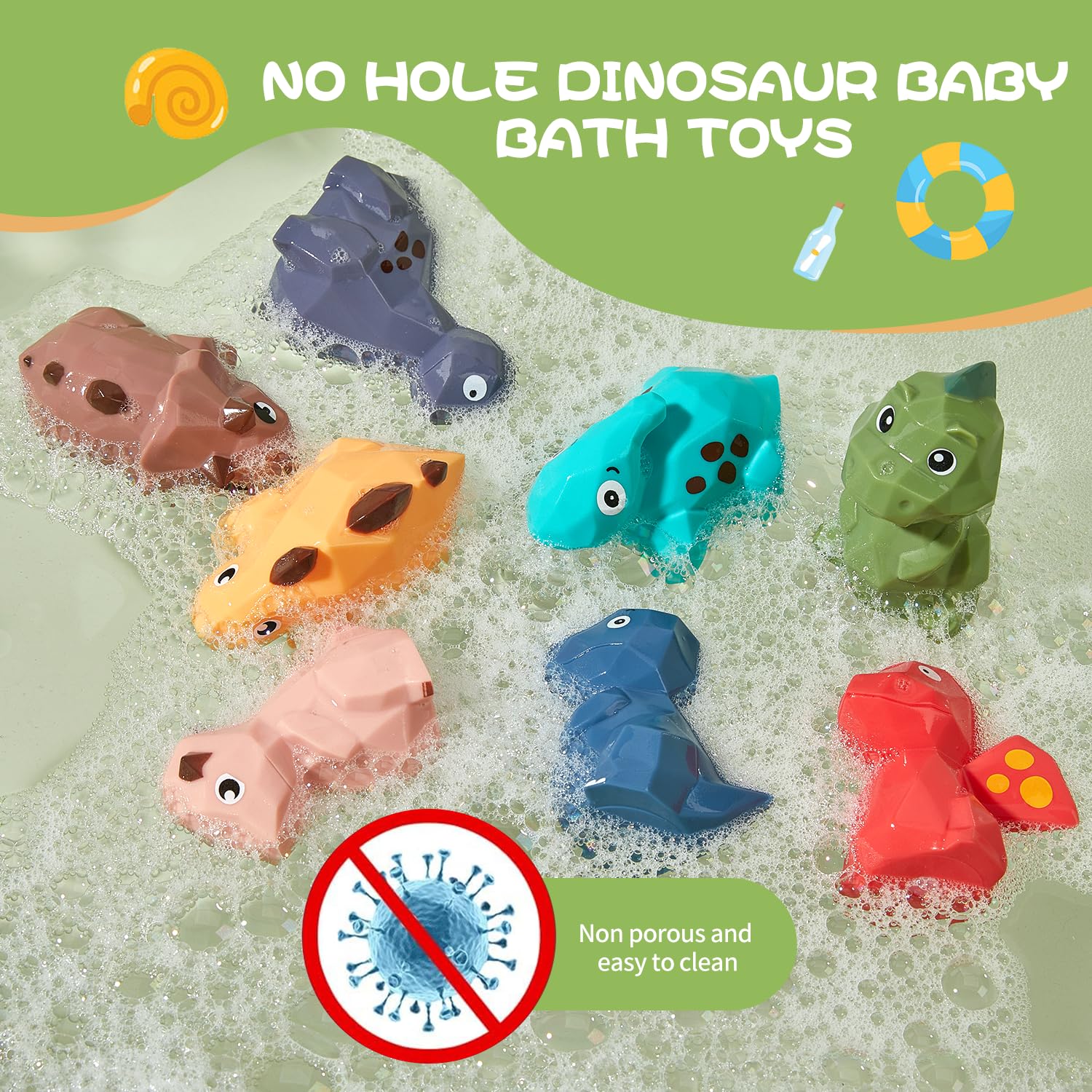 **Non-Toxic Dinosaur Bath Toys for Babies 6-12 Months - 8-Pack Mold-Free Floating Toys for Kids Ages 1-3 | Safe Bathtub & Pool Fun, Perfect Baby Shower & Birthday Gifts**    *(Use for sensory play, bath time fun, pool parties, and early learning development!)*