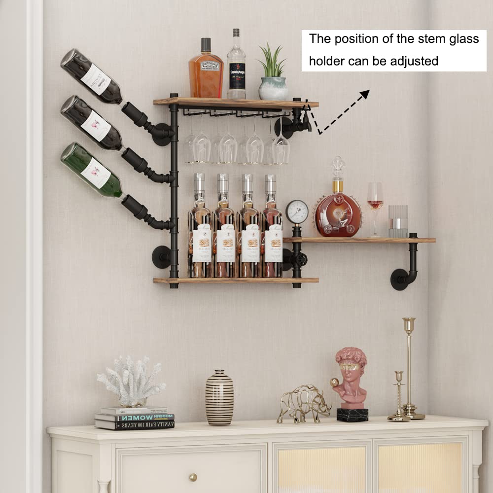 3 Tier Industrial Wall Wine Rack - 46 Inch Floating Bar Shelf with 4 Stem Glass Holder | Pipe Shelving for Wine & Liquor Storage | Wall Mounted Kitchen & Living Room Decor (Black) | Perfect for Home Bars, Dining Rooms & Entertaining Spaces