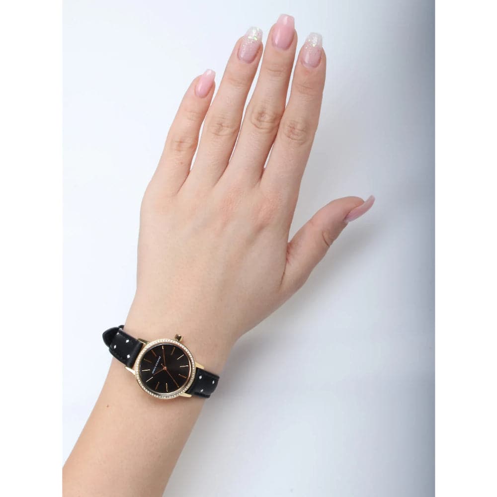 ARMANI EXCHANGE AX5543 Women's Gold-Tone Stainless Steel Watch with Black Leather Strap - Elegant Fashion Accessory for Work, Parties & Everyday Wear