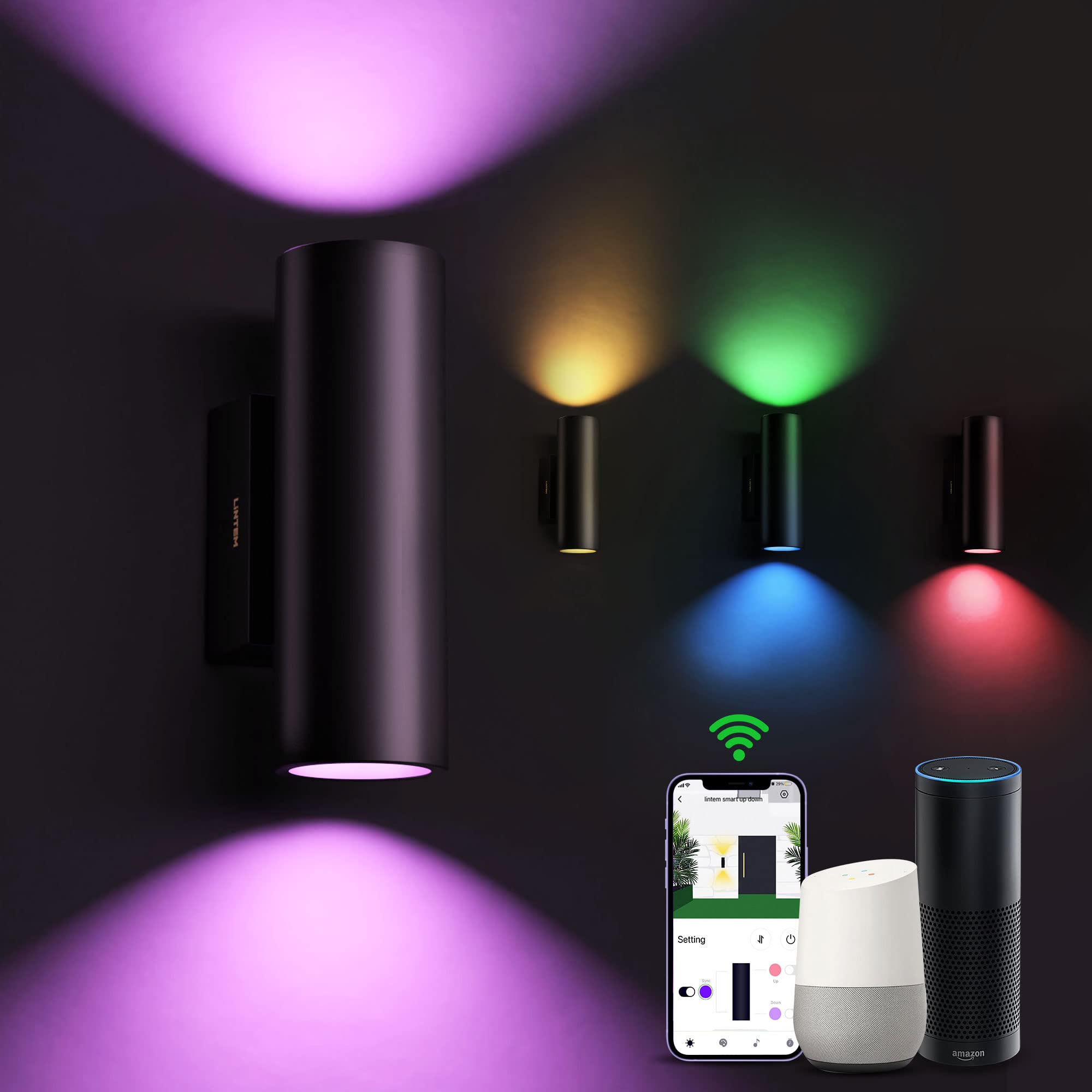 Smart Up Down Outdoor Wall Lights - RGB Color Changing LED Exterior Sconce for Garage, Front Door, Patio, Porch | Weatherproof IP65, Dimmable, 16 Million Colors | Perfect for Home Theater Lighting, Pool Area & Landscape Illumination