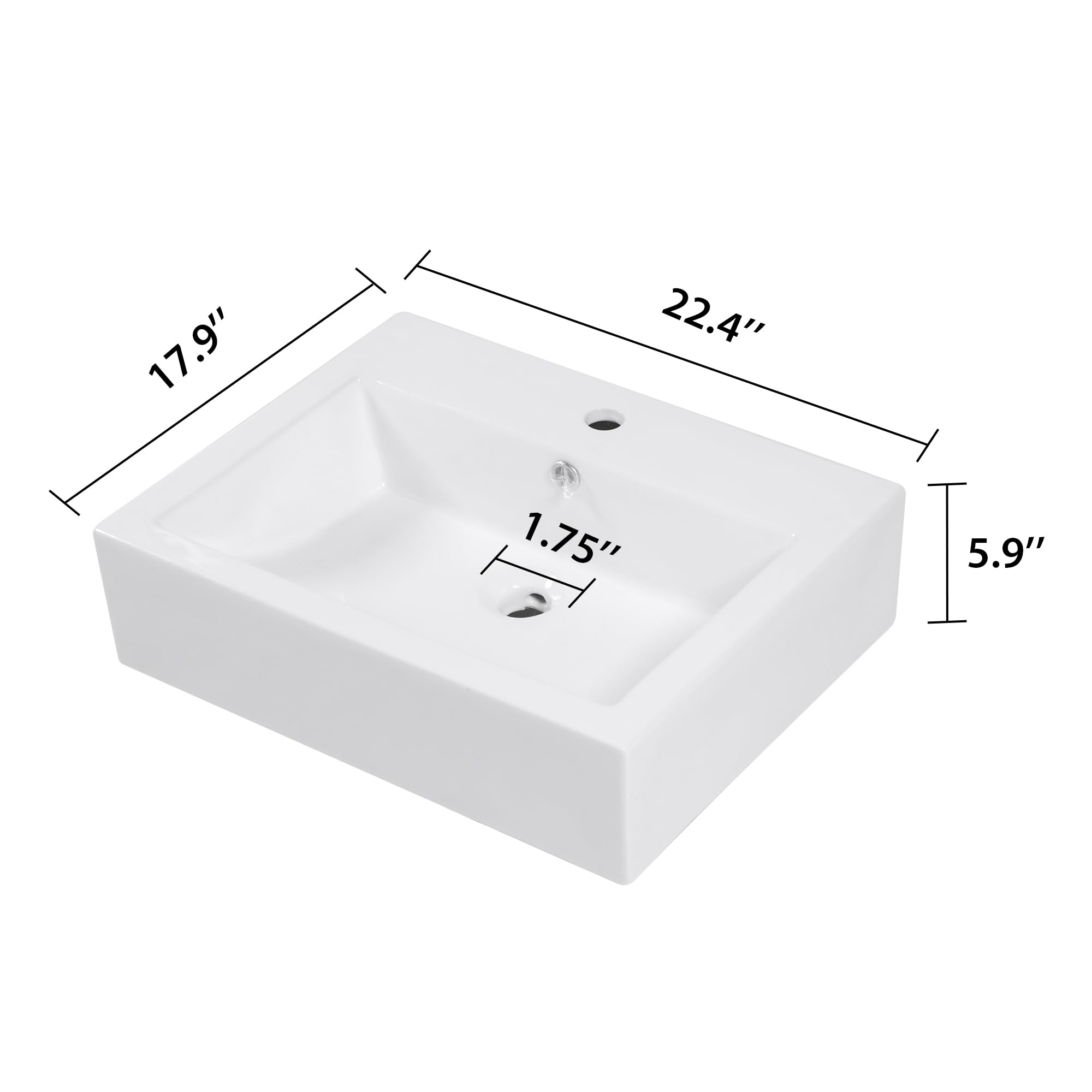 Lepuday 22x18 Inch White Ceramic Wall Mount Sink - Floating Vessel Bathroom Sink, Rectangle Wall Hung Basin for Modern & Space-Saving Bathroom Design