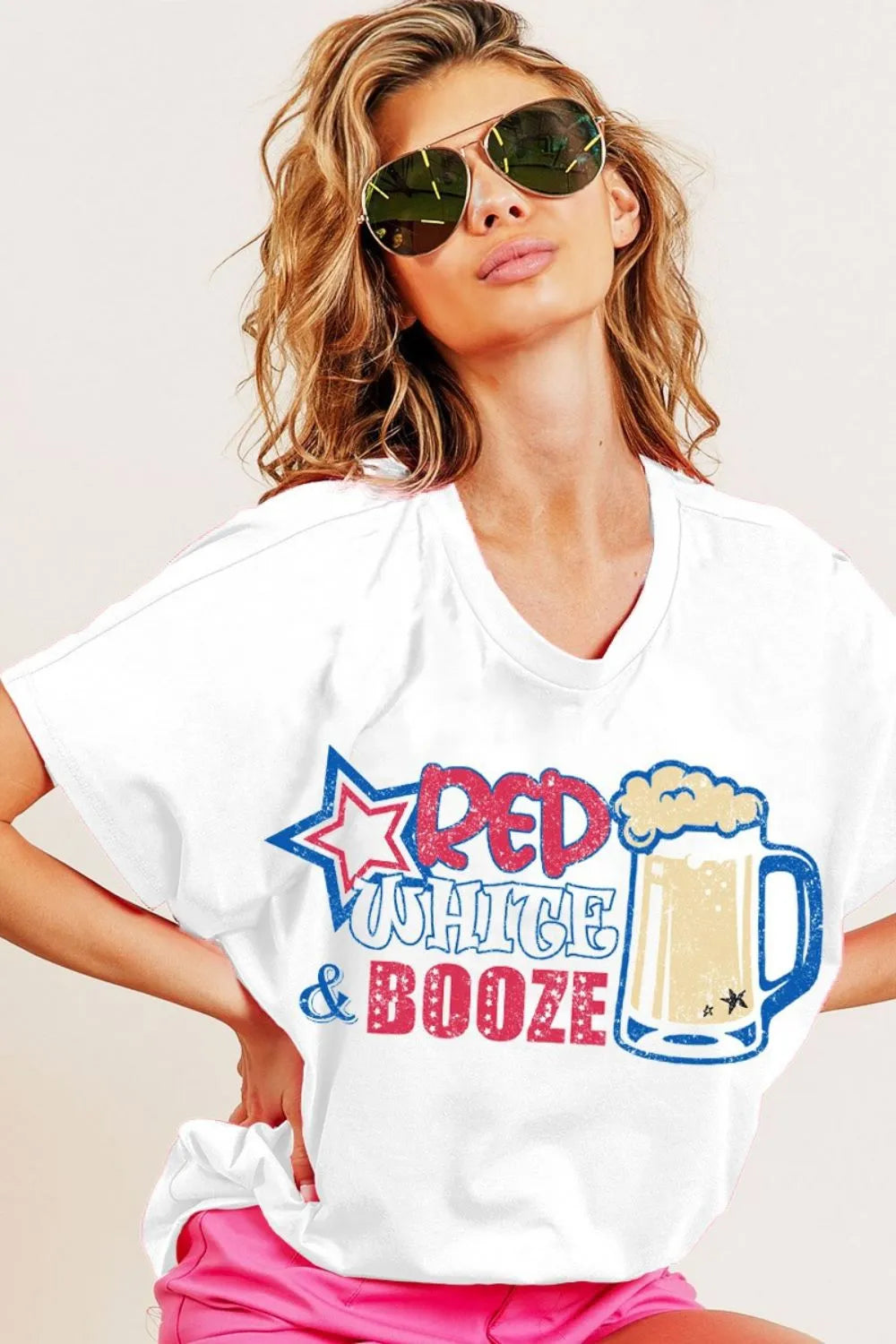BiBi Red White and Booze Graphic Jersey Top - Trendy Women's Graphic Tee for Casual Wear, Parties & Night Out