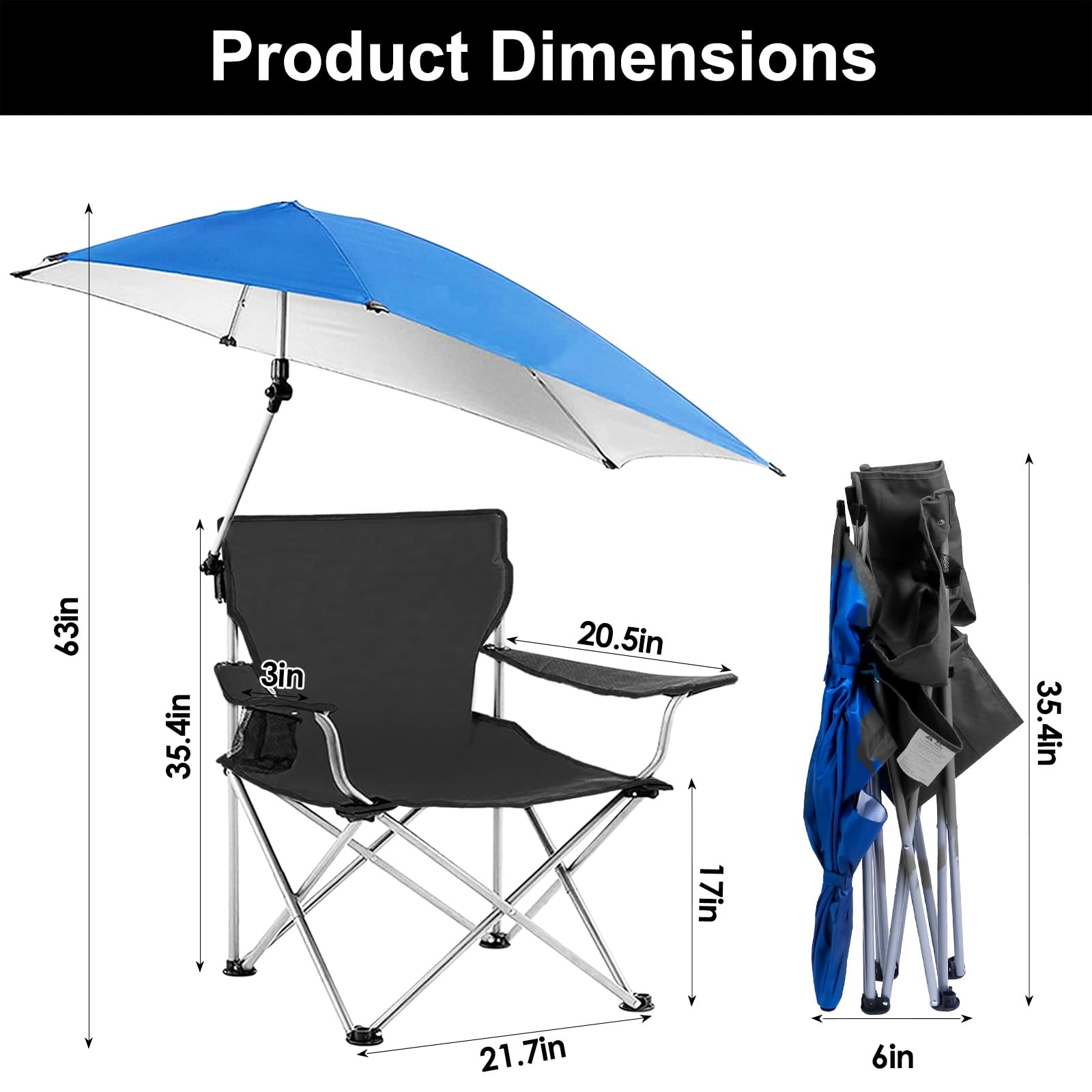 UPF 50+ Adjustable Beach Chair with Sun Umbrella - Portable Folding Outdoor Recliner for Adults, Camping, Hiking & Beach - Includes Cup Holder & Carry Bag - Supports 350 lbs (US Stock) - Perfect for Relaxing at the Shore, Poolside Lounging & Outdoor Adventures