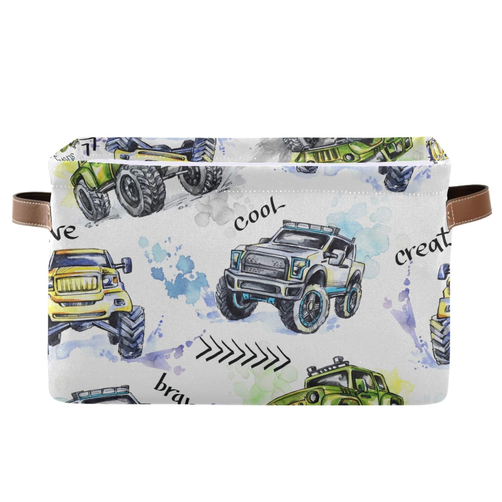 Biekaya Foldable Storage Bin with Handle - Collapsible Fabric Storage Basket & Large Storage Cube Bag (15x11x9.5 Inches, 2 Pack) - Perfect for Home Organization, Closet Shelves & Kids' Toy Storage | Monster Truck Design for Boys' Room Decor