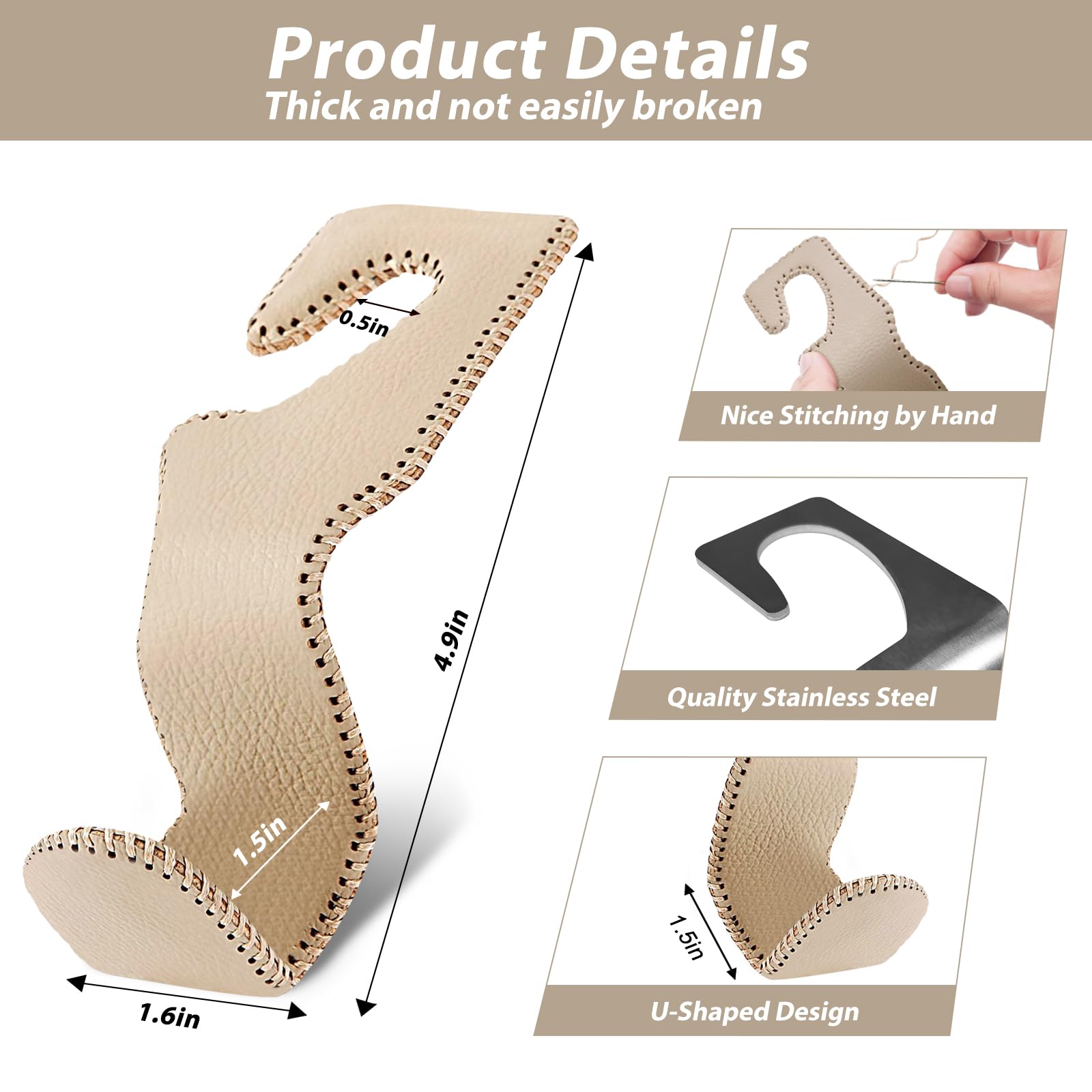 Car Purse Hook - 2 Pack Leather Headrest Hanger for Purses & Bags (Beige) | Perfect for Road Trips, Shopping & Keeping Your Car Organized