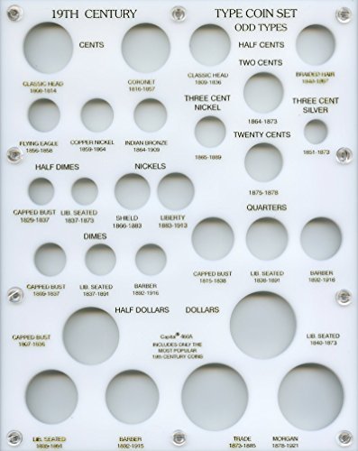 19th Century Type Coin Collection Set - 27-Coin Acrylic Display Holder (8x10 Inch, White) - Perfect for Coin Collectors & Numismatic Display Cases